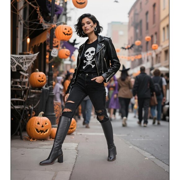 Women’s Polyurethane Black Waterproof Square Toe Chunky Block Heel Leather Boot - Picture 8 of 9